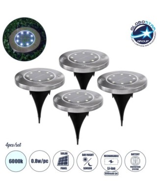 GloboStar® 69929 ΣΕΤ 4 Τεμαχίων Αυτόνομα Ηλιακά Φωτιστικά LED SMD 0.80W-Τεμ. 80lm-Τεμ. με Ενσωματωμένη Μπαταρία 600mAh - Φωτοβολταϊκό Πάνελ με Αισθητήρα Ημέρας-Νύχτας Αδιάβροχο IP65 Φανάρι Κήπου Στρογγυλό Ψυχρό Λευκό 6000K Φ12 x Υ13cm